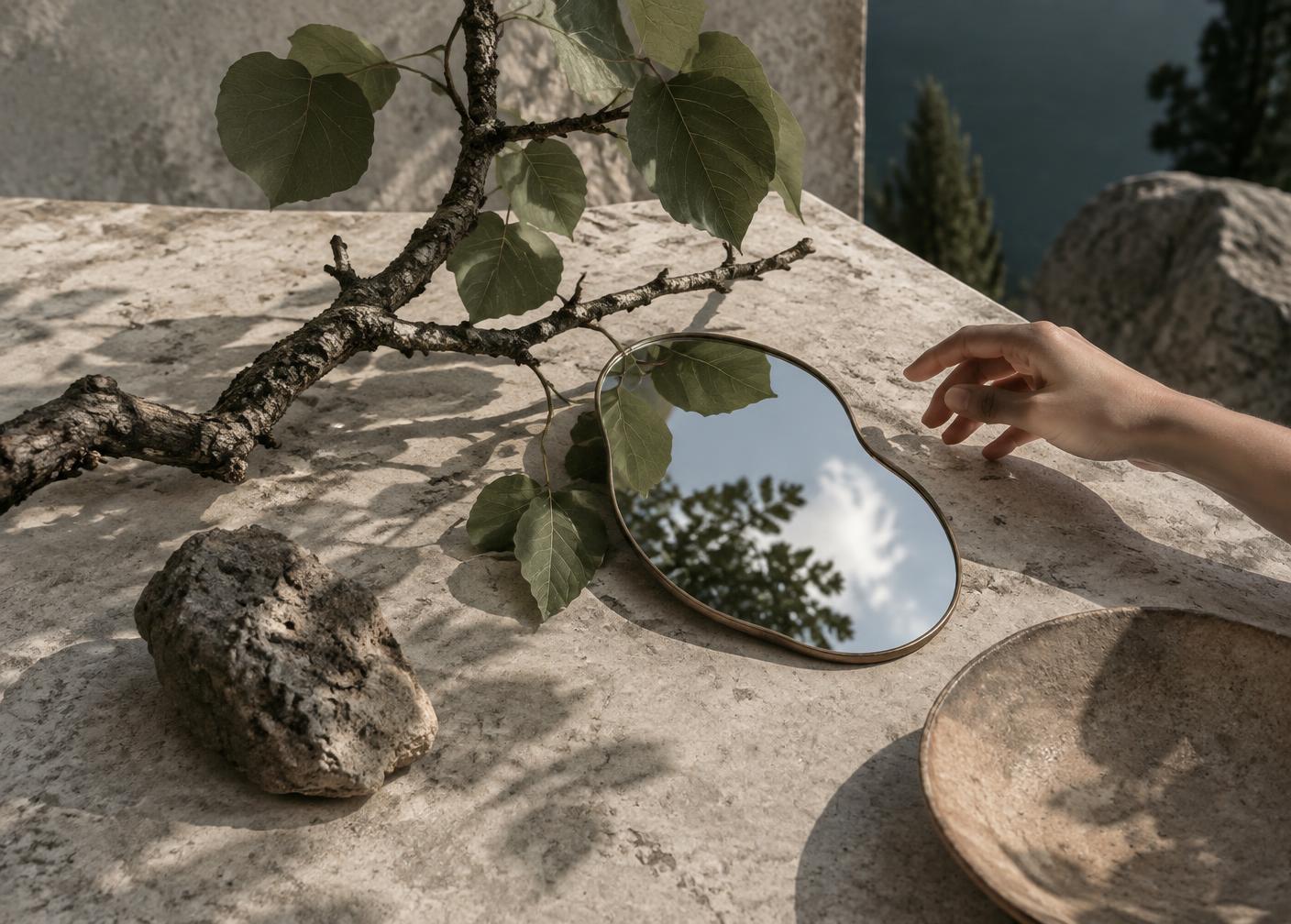 A hand reaches toward a small mirror beside leaves and a branch